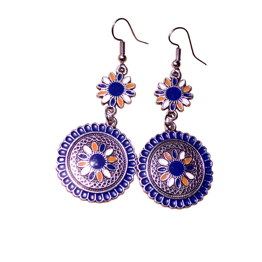 Enamel Flower Earrings Pink Blue Bohemian Look NWOT - Picture 2 of 2